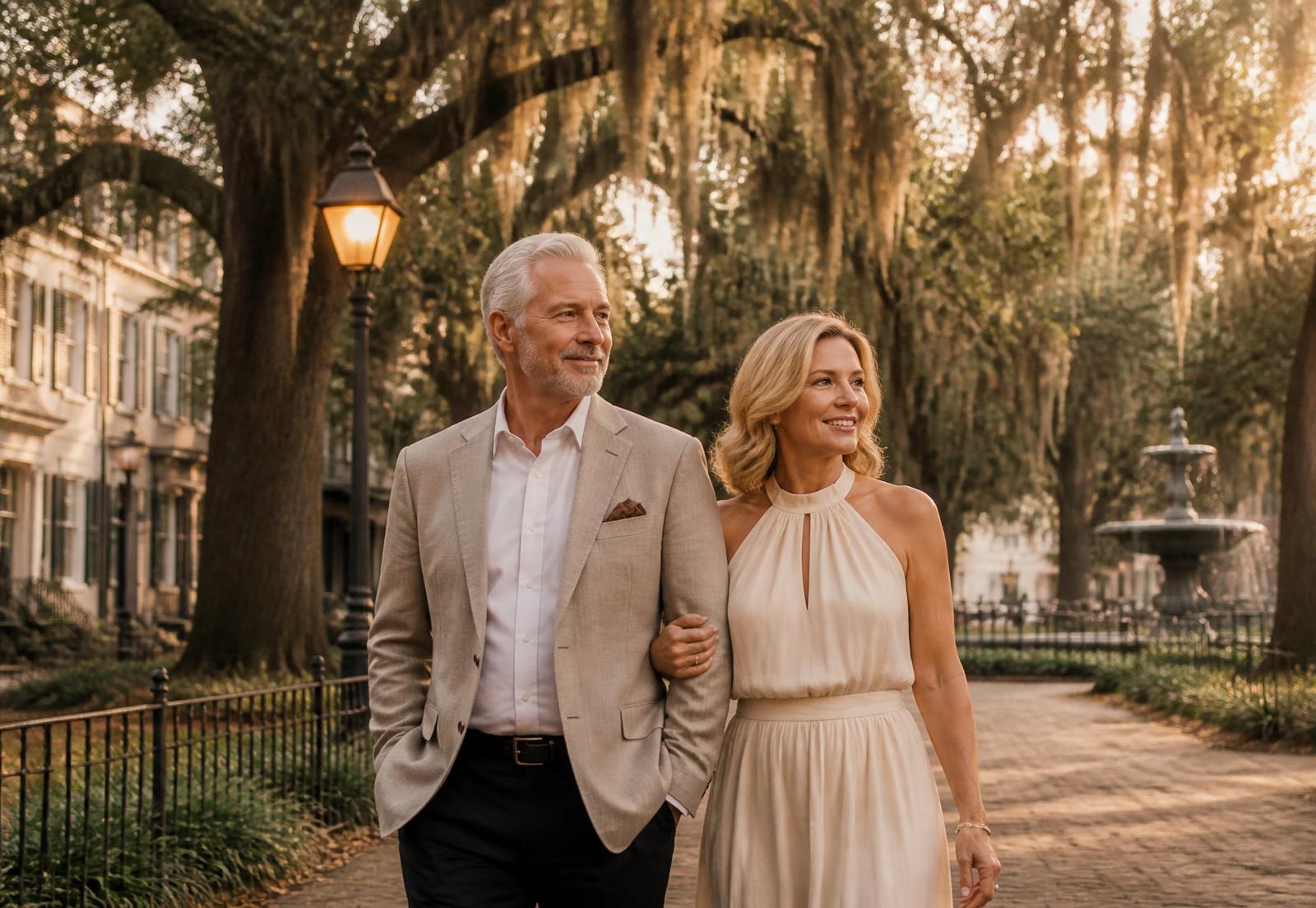 A couple walking beneath Spanish moss in a historic Savannah square at sunset